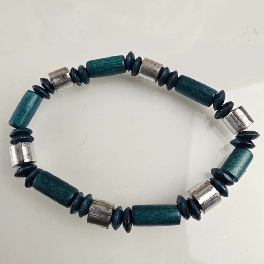 Teal Wood Silver Beaded Stretch Bracelet Green Minimalist Cabincore